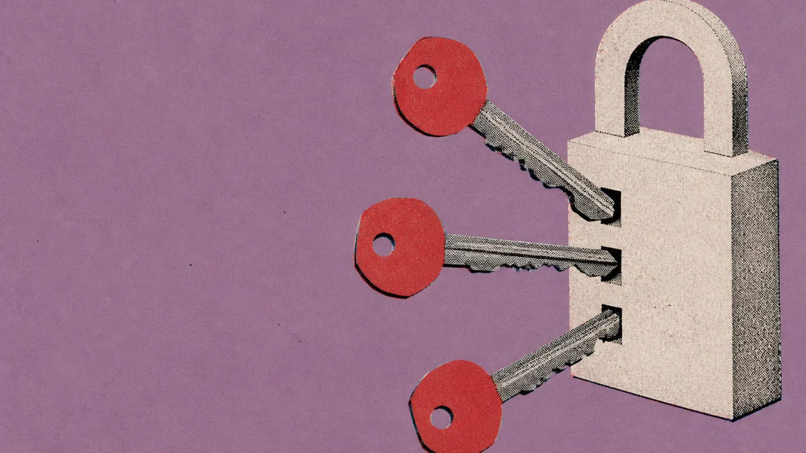 Three grayscale keys with red heads enter separate openings in one cream padlock on a lilac field.